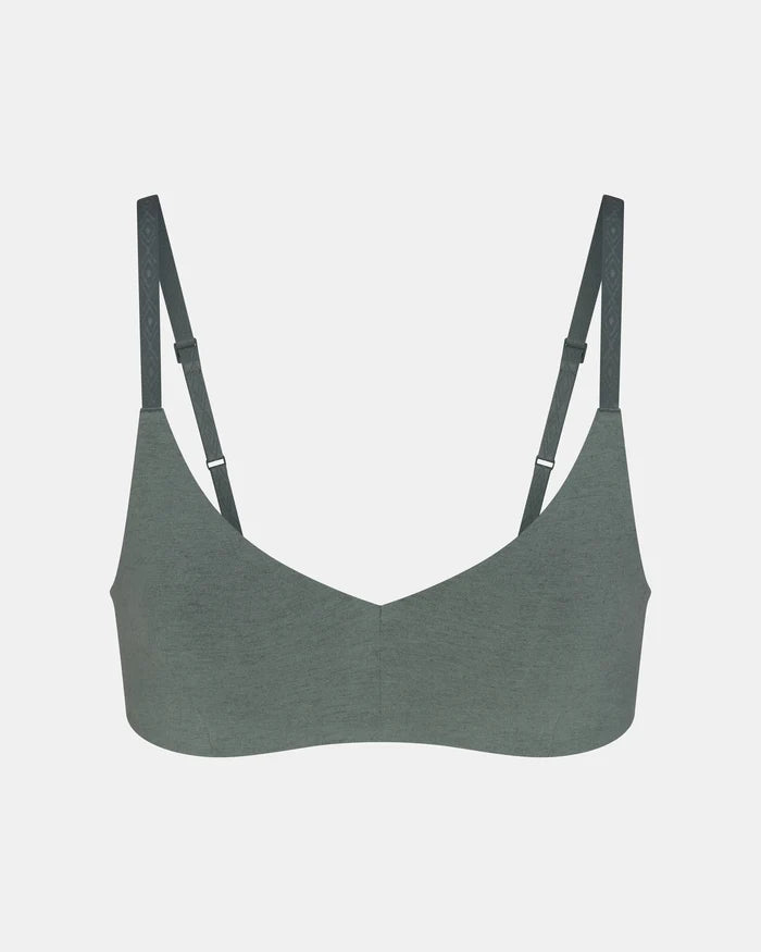 Front view of Women’s Essential Triangle Bralette in balsam green showing triangle cups and adjustable straps on light gray background