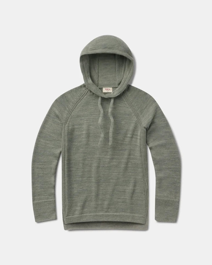 Flat lay of women’s lightweight alpaca hoodie showing hood with drawstrings, raglan sleeves and ribbed cuffs on a light gray background