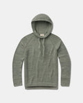 Flat lay of women’s lightweight alpaca hoodie showing hood with drawstrings, raglan sleeves and ribbed cuffs on a light gray background