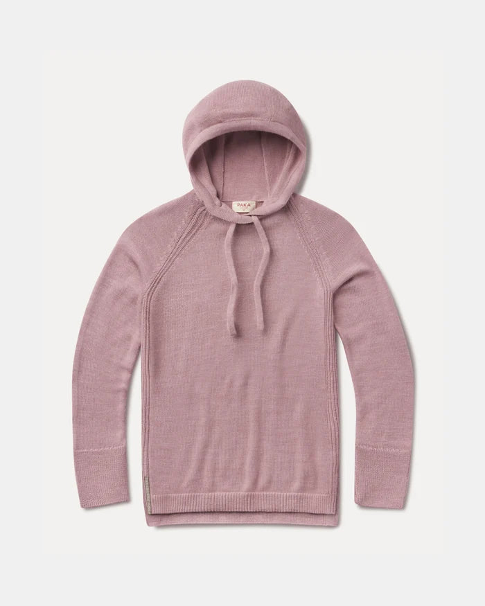 Flat lay front of dusty rose women’s alpaca hoodie, drawstring hood, raglan sleeves, ribbed cuffs and hem on white background