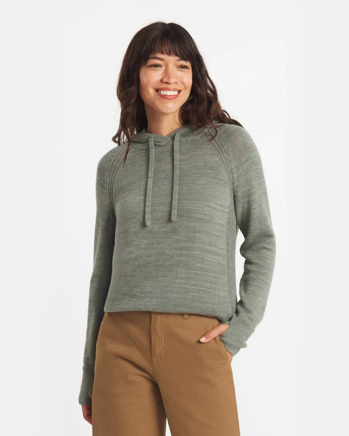 Front view of women’s alpaca hoodie in sage with cropped hem, raglan sleeves, drawstring hood on white background