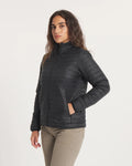 Three-quarter front of Women’s Mayu Ultralight Jacket in black, regular fit, with quilting and zip pockets on white