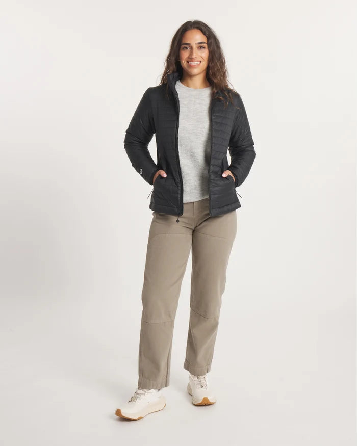 Front view of Women’s Mayu Ultralight Jacket in black on model, showing zip front, hand pockets, quilted puffer on light background