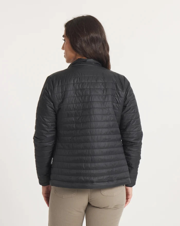 Rear view of Women’s Mayu Ultralight Jacket in black showing horizontal quilting and regular fit on a model against a light background