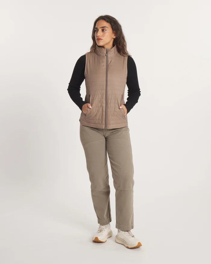 Front view of Women’s Mayu Ultralight Vest in Fossil showing slim fit, high collar, zip front, and hand pockets on a light background