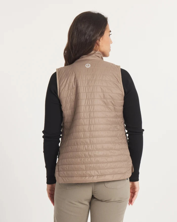 Back view of Women’s Mayu Ultralight Vest showcasing horizontal quilting, high collar, and center-back logo on a plain light background