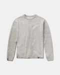 Front view of Women’s Mountain Crew sweater showcasing heather grey textured knit and crew neckline on light gray background