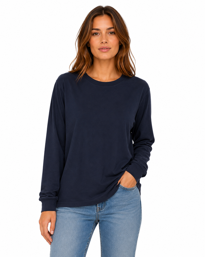 womens navy boyfriend cut t-shirt long sleeve crew neck front image