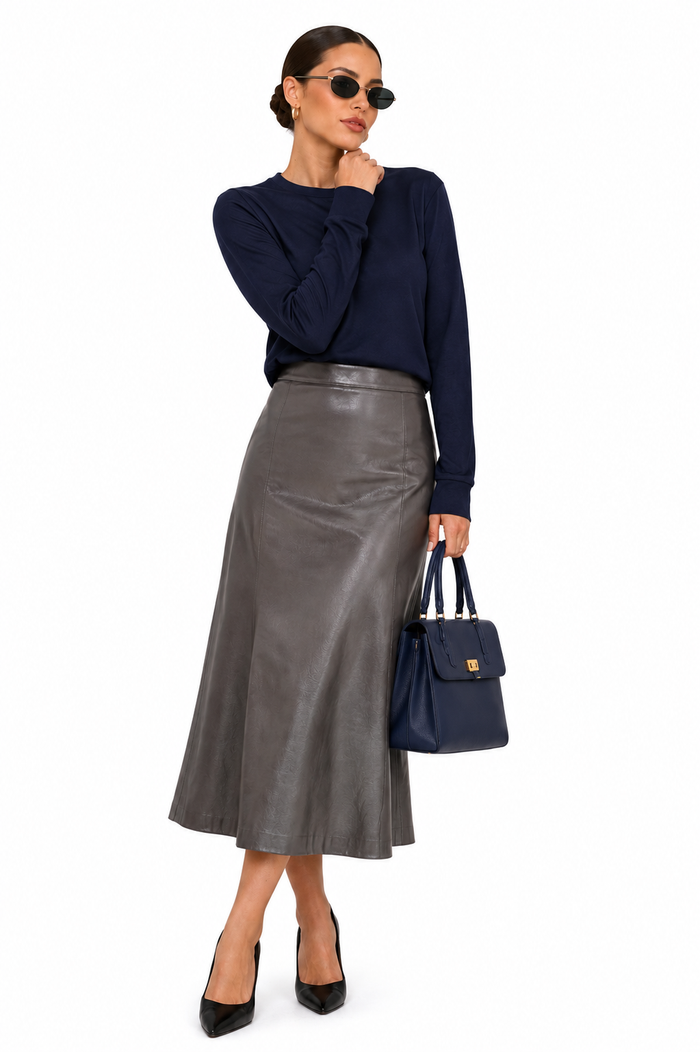 womens navy boyfriend cut t-shirt long sleeve crew neck with leather skirt styled image