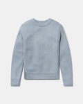 Front view of Women’s Original Crew alpaca crewneck sweater, sky blue, ribbed collar, cuffs and hem on light gray