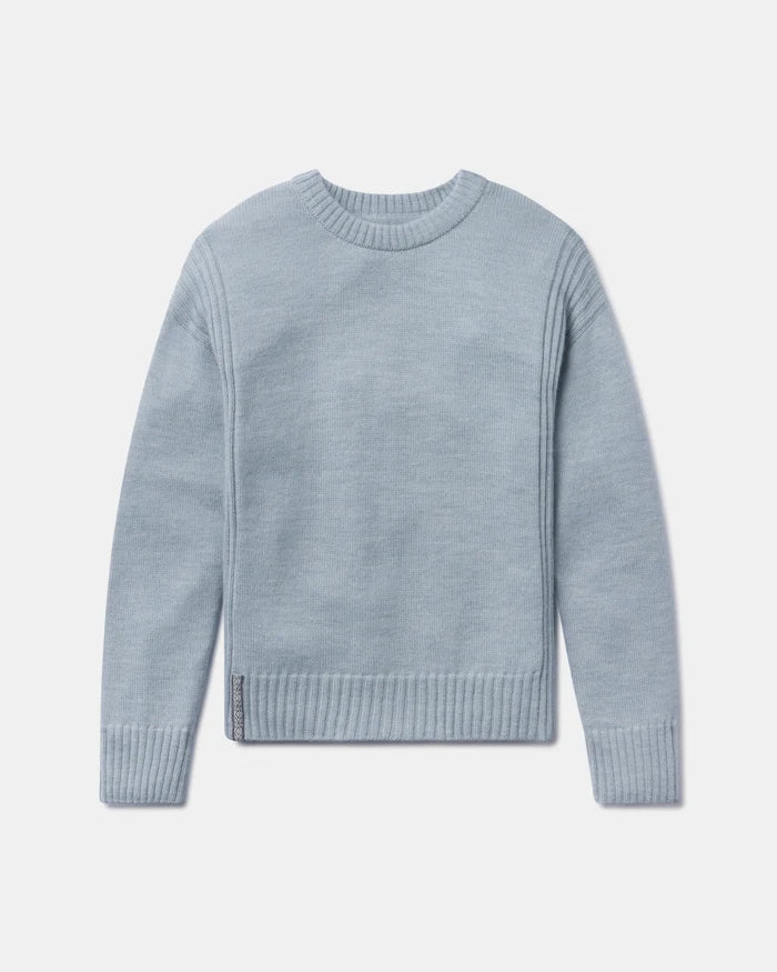 Front view of Women’s Original Crew alpaca crewneck sweater, sky blue, ribbed collar, cuffs and hem on light gray
