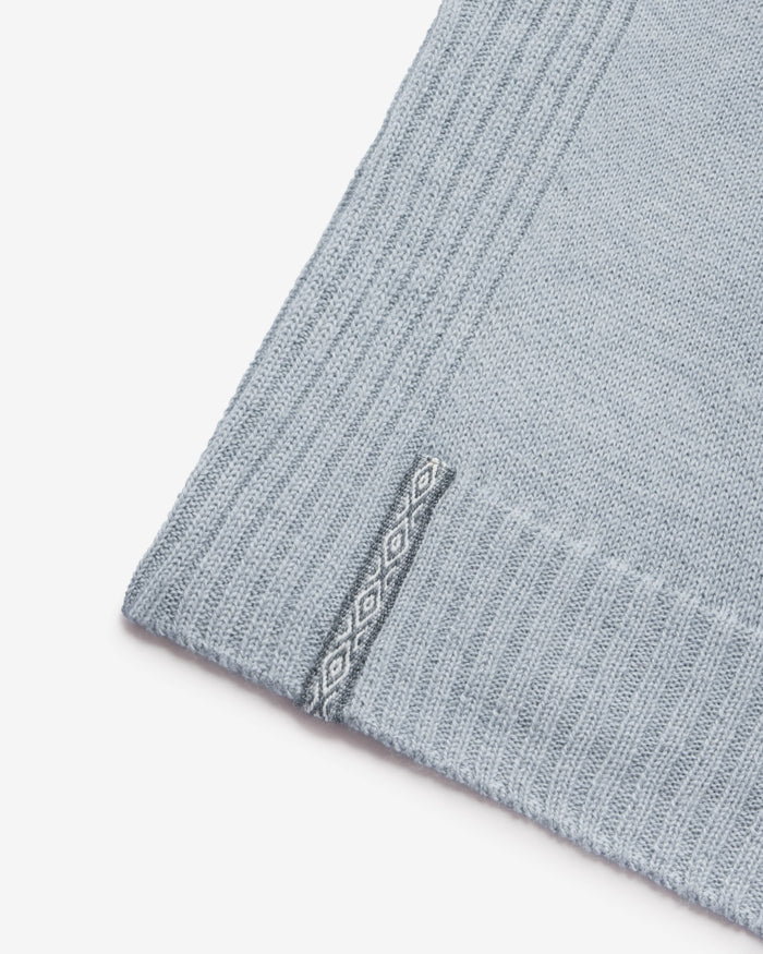 Close-up of the Women's Original Crew in Sky Blue textured fabric with the Inca ID on a light gray background