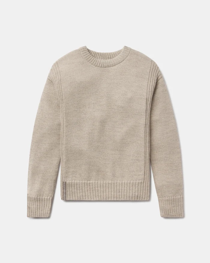 Flat lay of Women’s Original Crew sweater showing ribbed crewneck, cuffs and hem and side hem slit on light gray background