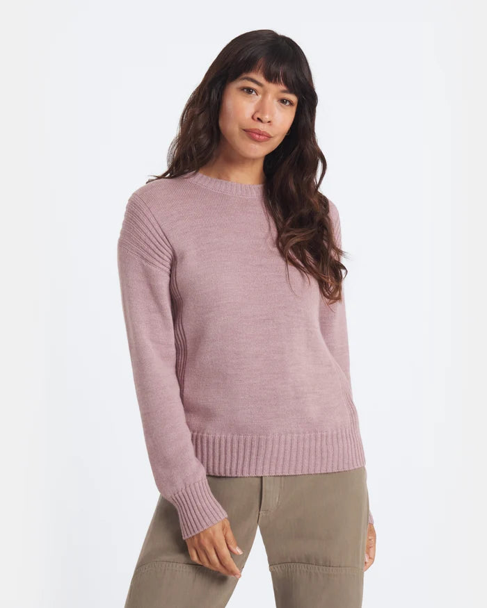Three-quarter view of Women’s Original Crew alpaca sweater in woodrose with ribbed neckline, shoulder ribbing, and ribbed hem on white background