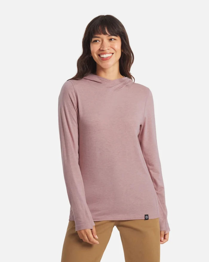 Front view of Women’s Sol Hoodie in Woodrose showing crossover hood and long sleeves with hidden thumbholes on white background