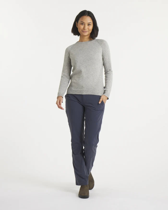 Front view of Women’s Ultralight Crew alpaca sweater in heather grey with raglan sleeves and ribbed hem on white