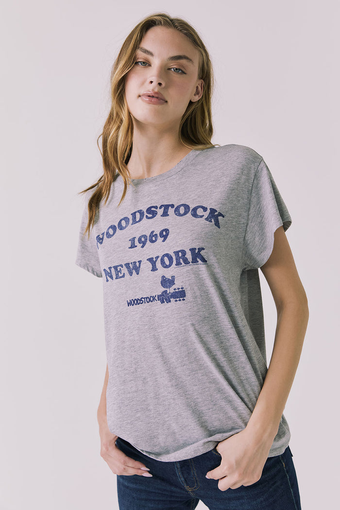 Chaser Woodstock 1969 New York Tee in Heather Grey featuring a licensed band collaboration graphic with vintage festival lettering